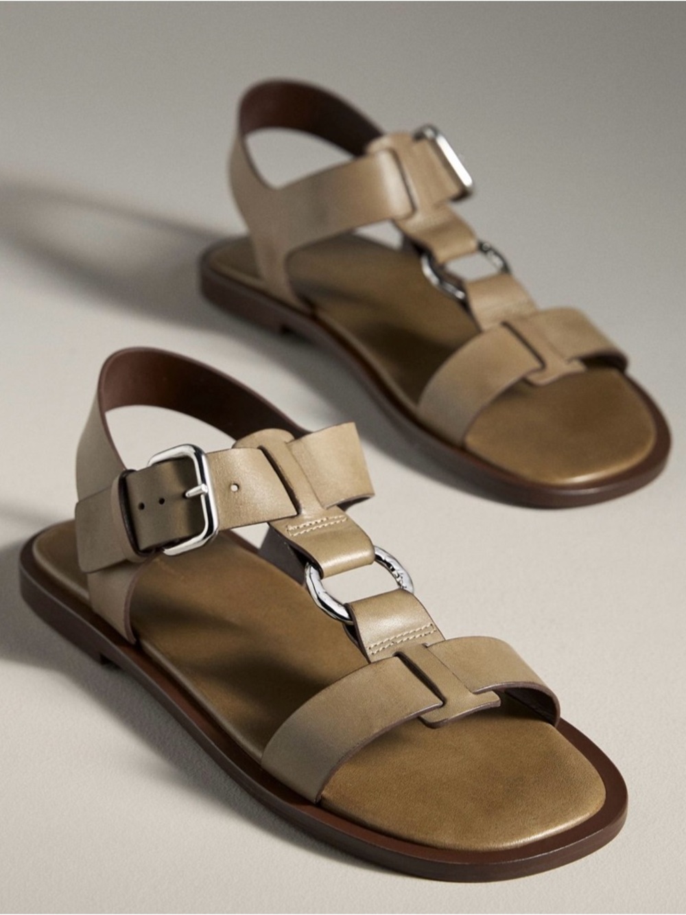 Anthropologie Beige Leather Buckle & Chain Sandals